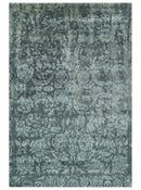 Modern Abstract Charcoal, Grey and Silver Hand Knotted 6x9.4 Floral Wool and Silk Area Rug