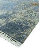 Modern Abstract Design Beige And Blue 8x10 Hand Knotted Wool, Art Silk Rug