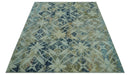 Modern Abstract Design Blue And Beige Hand Knotted 8x10 Wool And Real Silk Area Rug
