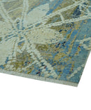 Modern Abstract Design Blue And Beige Hand Knotted 8x10 Wool And Real Silk Area Rug
