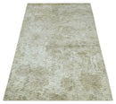 Modern Abstract Ivory, Green and Charcoal 5x8 Hand loom Wool and Viscose Area Rug