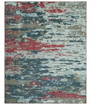 Modern Abstract Ivory and Blue 8x10 Hand Knotted Low Pile Wool Rug