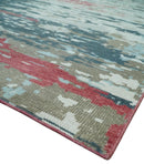 Modern Abstract Ivory and Blue 8x10 Hand Knotted Low Pile Wool Rug