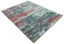 Modern Abstract Ivory and Blue 8x10 Hand Knotted Low Pile Wool Rug