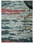 Modern Abstract Ivory and Blue 8x10 Hand Knotted Low Pile Wool Rug