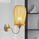 Modern bamboo cage wall sconce with metal gooseneck arm bedroom light