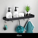 Modern black aluminum bathroom shower shelf with hooks and towel bar