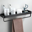 Modern black aluminum bathroom shower shelf with hooks and towel bar