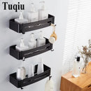 Modern black aluminum corner shelf bathroom storage caddy with hooks