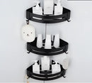 Modern black aluminum corner shelf bathroom storage caddy with hooks