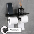 Modern black aluminum double toilet paper holder with shelf bathroom