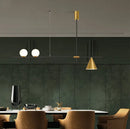 Modern black & brass linear chandelier dining room spherical white glass
