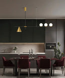 Modern black & brass linear chandelier dining room spherical white glass