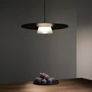 Modern black circular coffee shop pendant light with frosted glass shade for dining room