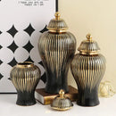 Modern black & gold ribbed ginger jar vase set living room decor