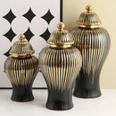 Modern black & gold ribbed ginger jar vase set living room decor