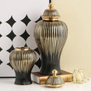 Modern black & gold ribbed ginger jar vase set living room decor