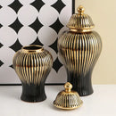 Modern black & gold ribbed ginger jar vase set living room decor