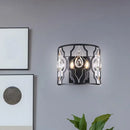 Modern black metal frame wall sconce with crystal droplets bedroom light