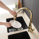 Modern black single handle kitchen faucet with curved swivel spout