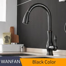 Modern black single handle kitchen faucet with curved swivel spout