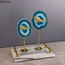 Modern blue agate & golden fish statue living room decor