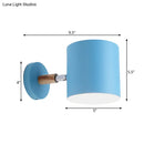 Modern blue metal tubular wall lamp with wood arm bedroom sconce light
