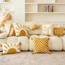 Modern boho mustard & white geometric tufted tassel cushion cover living room