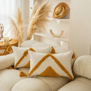 Modern boho mustard & white geometric tufted tassel cushion cover living room