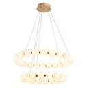 Modern brass led pendant light with frosted spheres for living room
