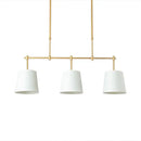 Modern brass pendant light with white green flaxen shades dining room