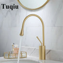 Modern brushed gold basin faucet with swivel spout for bathroom