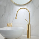 Modern brushed gold basin faucet with swivel spout for bathroom