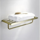 Modern brushed gold bathroom hardware set with shelf and phone holder