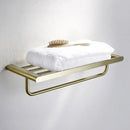 Modern brushed gold bathroom hardware set with shelf and phone holder