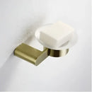 Modern brushed gold bathroom hardware set with shelf and phone holder