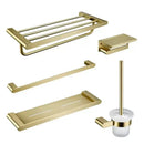 Modern brushed gold bathroom hardware set with shelf and phone holder