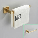 Modern brushed gold bathroom hardware set with square brackets