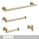 Modern brushed gold bathroom hardware set with towel bar and hooks