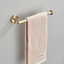 Modern brushed gold bathroom hardware set with towel bar and hooks