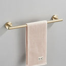 Modern brushed gold bathroom hardware set with towel bar and hooks