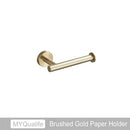 Modern brushed gold bathroom hardware set with towel bar and hooks