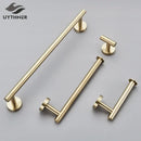 Modern brushed gold bathroom hardware set with towel rack and hooks