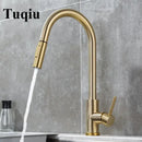 Modern brushed gold & black kitchen faucet with pull out hose