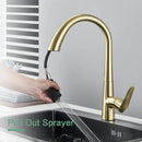 Modern brushed gold gourmet kitchen faucet with flexible pull out tap