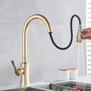 Modern brushed gold pull out kitchen faucet with spring spray head