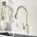 Modern brushed gold pull out kitchen faucet with spring spray head