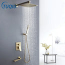 Modern brushed gold shower set with square rainfall head bathroom