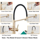 Modern brushed gold swivel kitchen faucet with black rubber hose