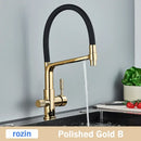 Modern brushed gold swivel kitchen faucet with black rubber hose